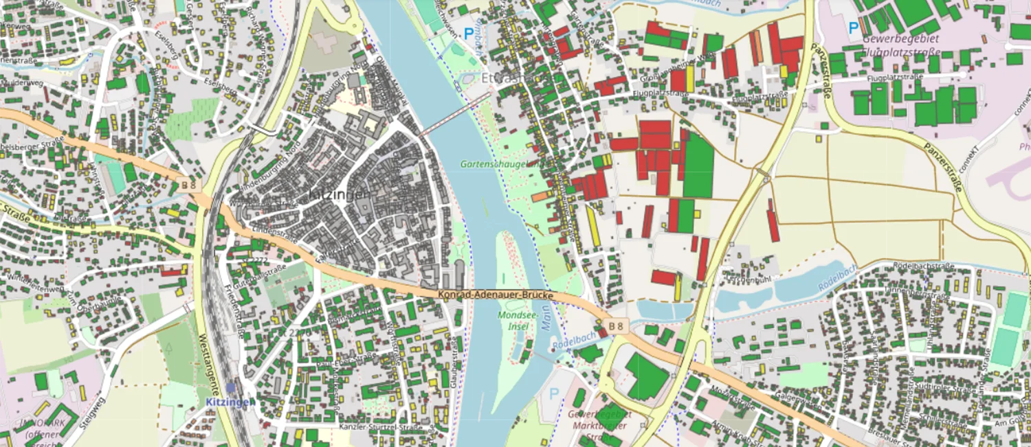 Karte Kitzingens im Energie-Atlas Bayern mit farbig markiertem Solarpotenzial der Dächer. 