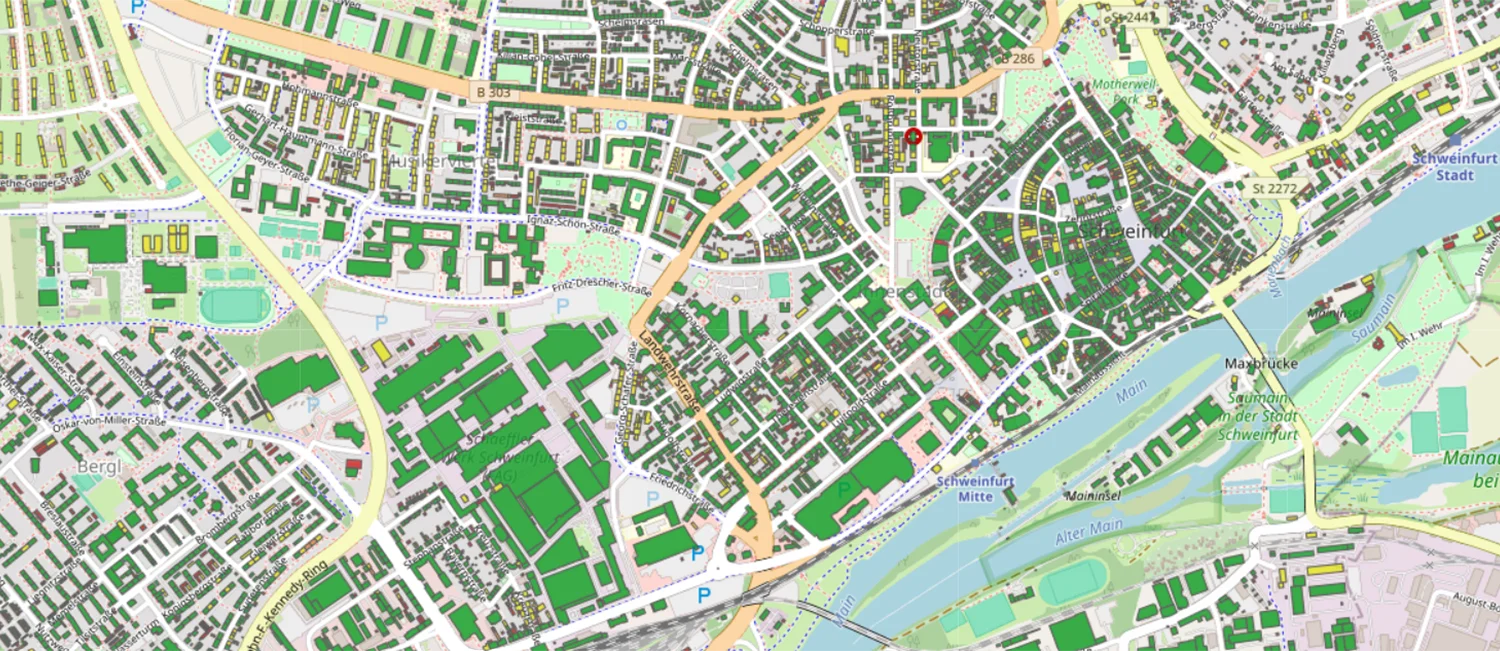 Karte der Stadt Schweinfurt mit farbig markiertem Solarpotenzial der Dachflächen. 