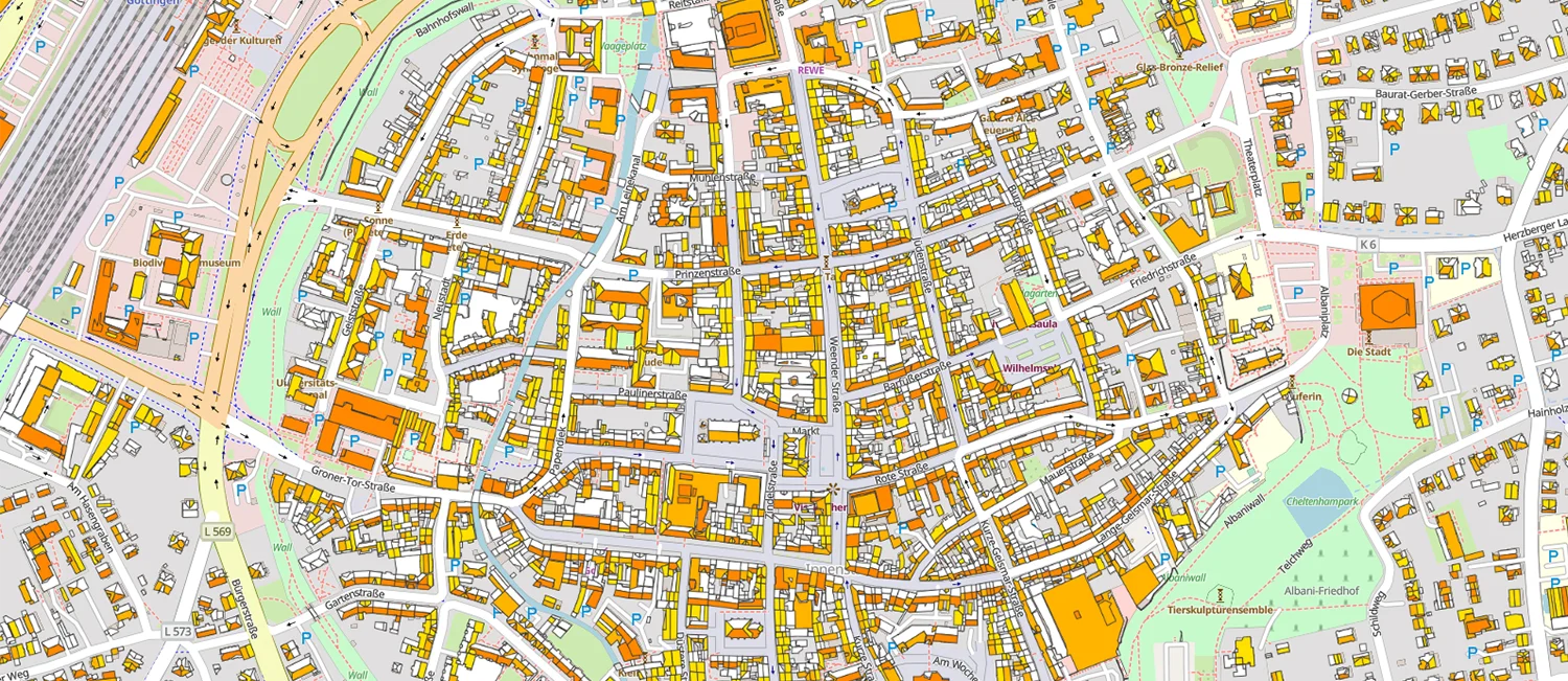 Karte von Göttingen mit farbig markiertem Solarpotenzial der Dächer. 