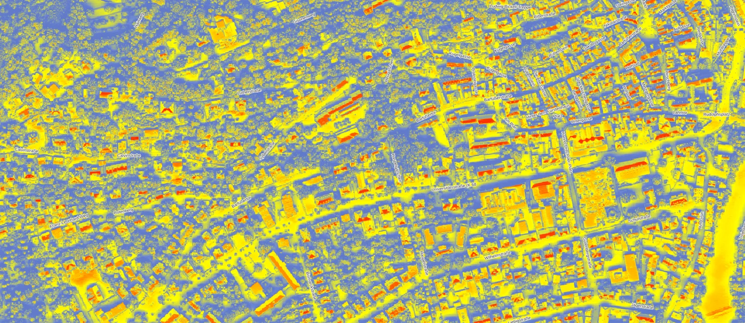Karte mit dem Solarpotenzial der Dächer in Marburg, eingefärbt nach Ertragsklassen. 