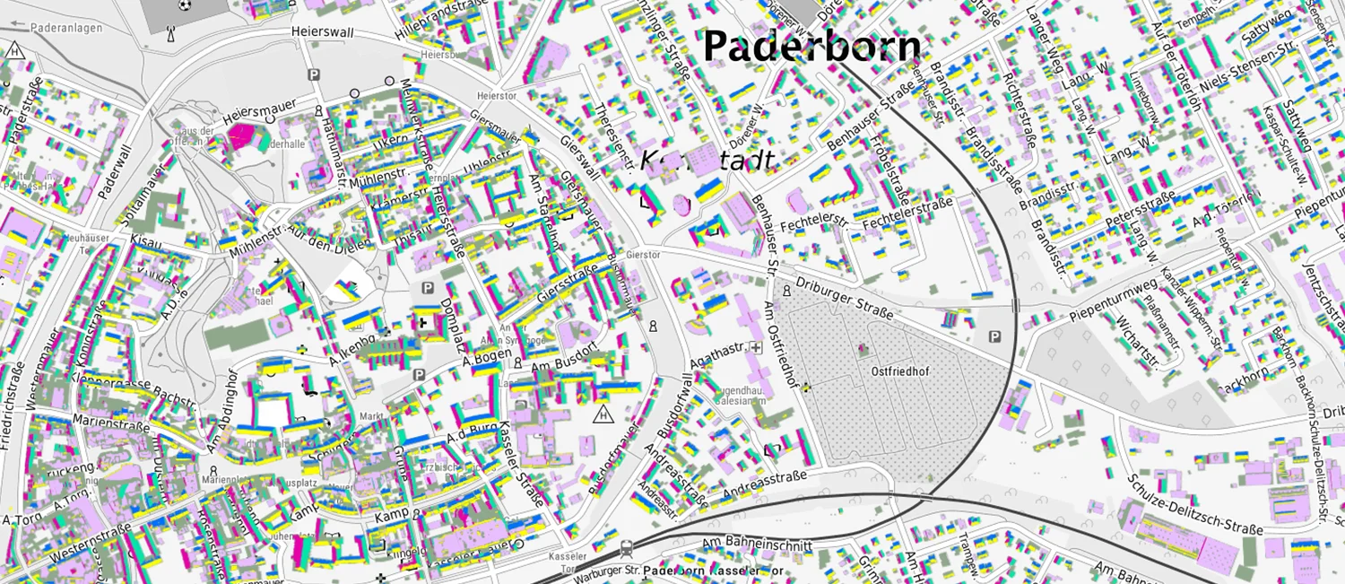 Karte des Kreises Paderborn mit farblich markiertem Solarpotenzial der Dächer. 