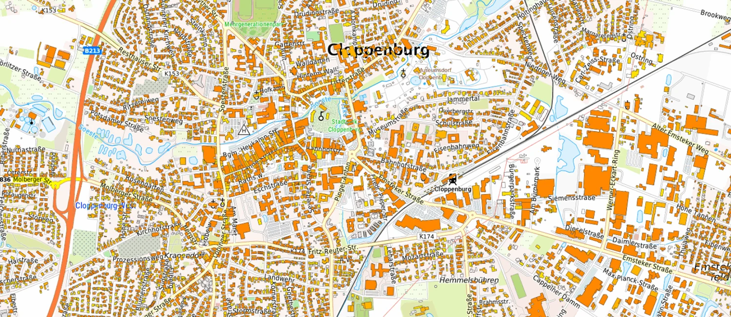 Karte des Landkreises Cloppenburg mit eingefärbten Dachflächen nach Solarpotenzial.