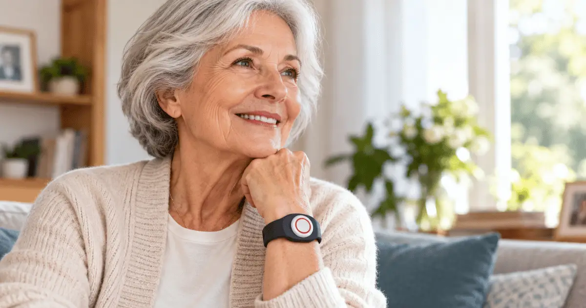 Senior portant un bracelet détecteur de chute relié à la téléassistance