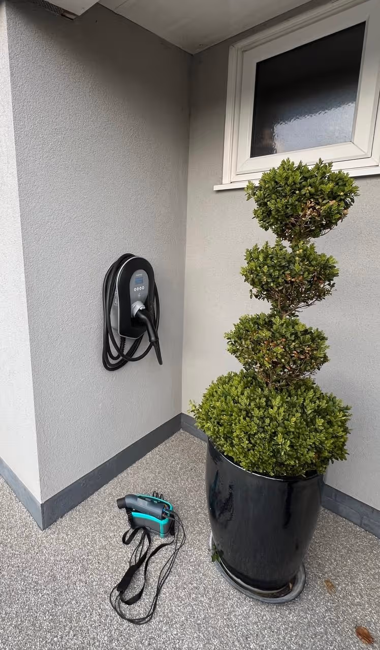 Electric vehicle charging station on a wall, with coiled cable, next to potted topiary plant.