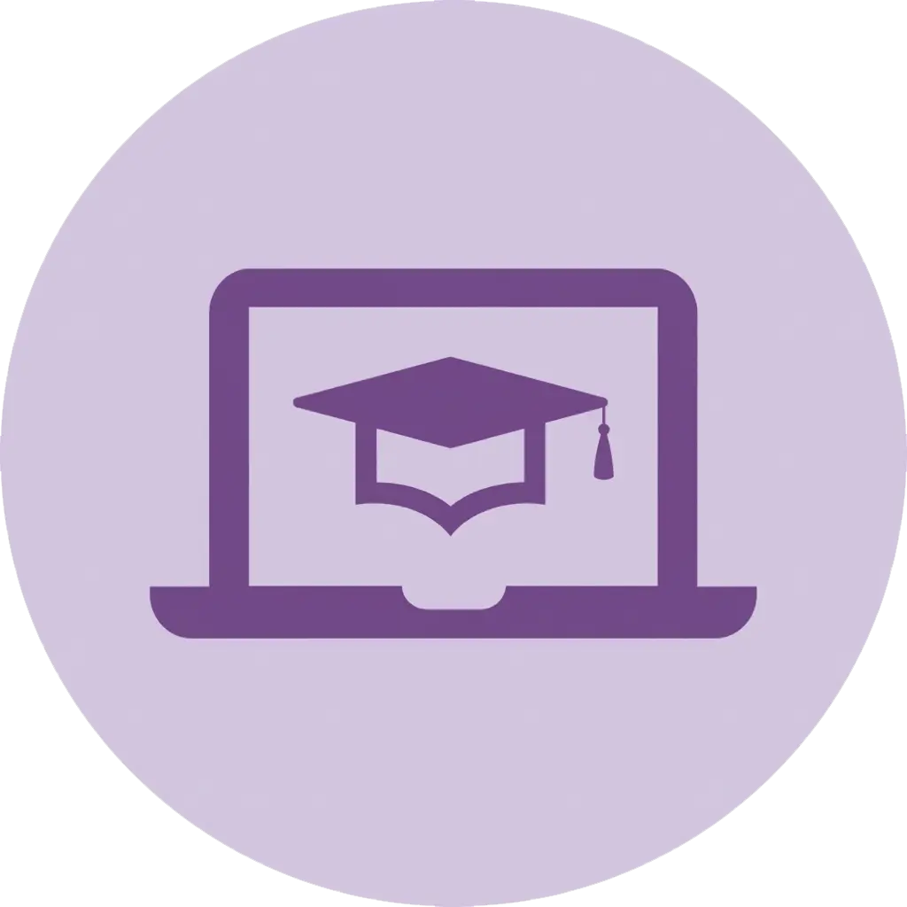 Purple laptop icon with a graduation cap on its screen on a light purple circular background.