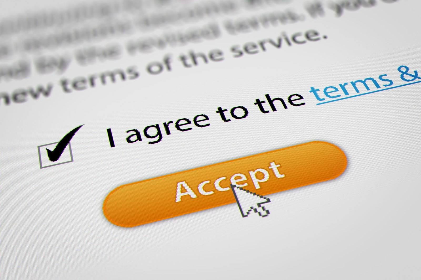 Checked box reading "I agree to terms & conditions". Orange button reading "accept", arrow hovering over button.