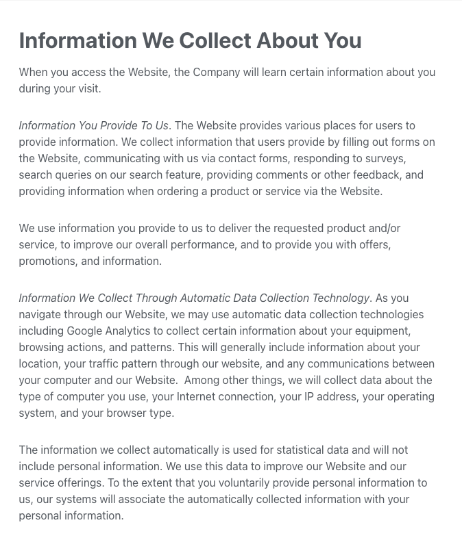 Information We Collect About You - Privacy Policy section