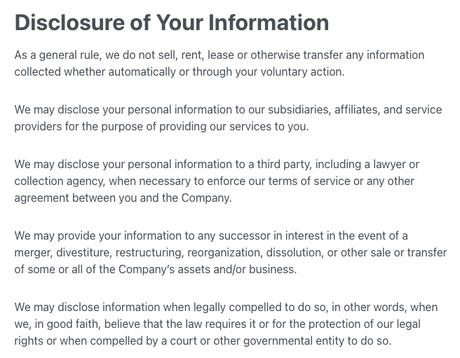 Disclosure of Your Information - Privacy Policy section
