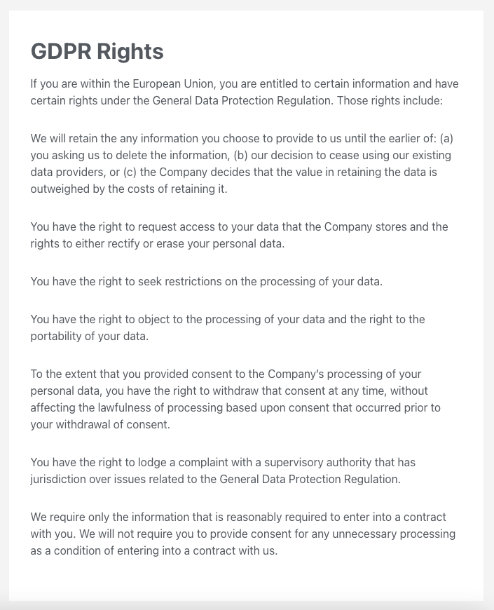 Screenshot of the GDPR Rights section of the Privacy Policy.