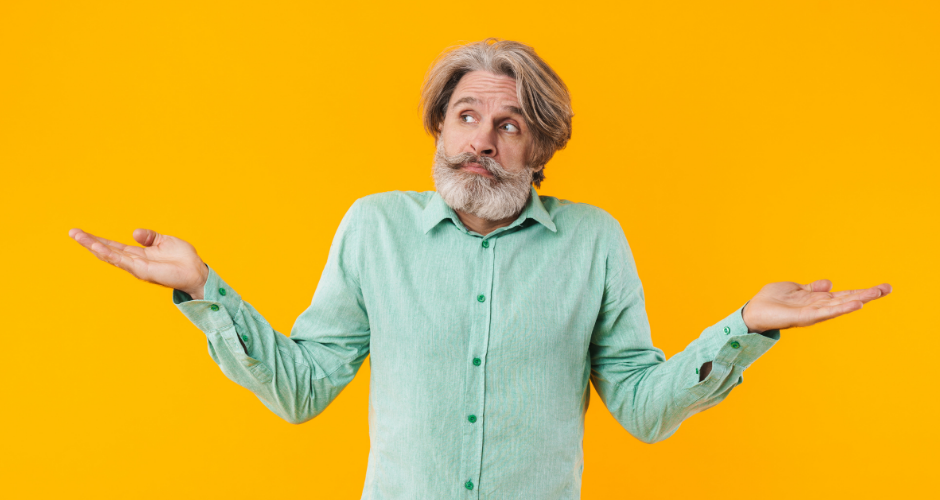 A man shrugging in front of a yellow background wondering, "What is a privacy policy important?"