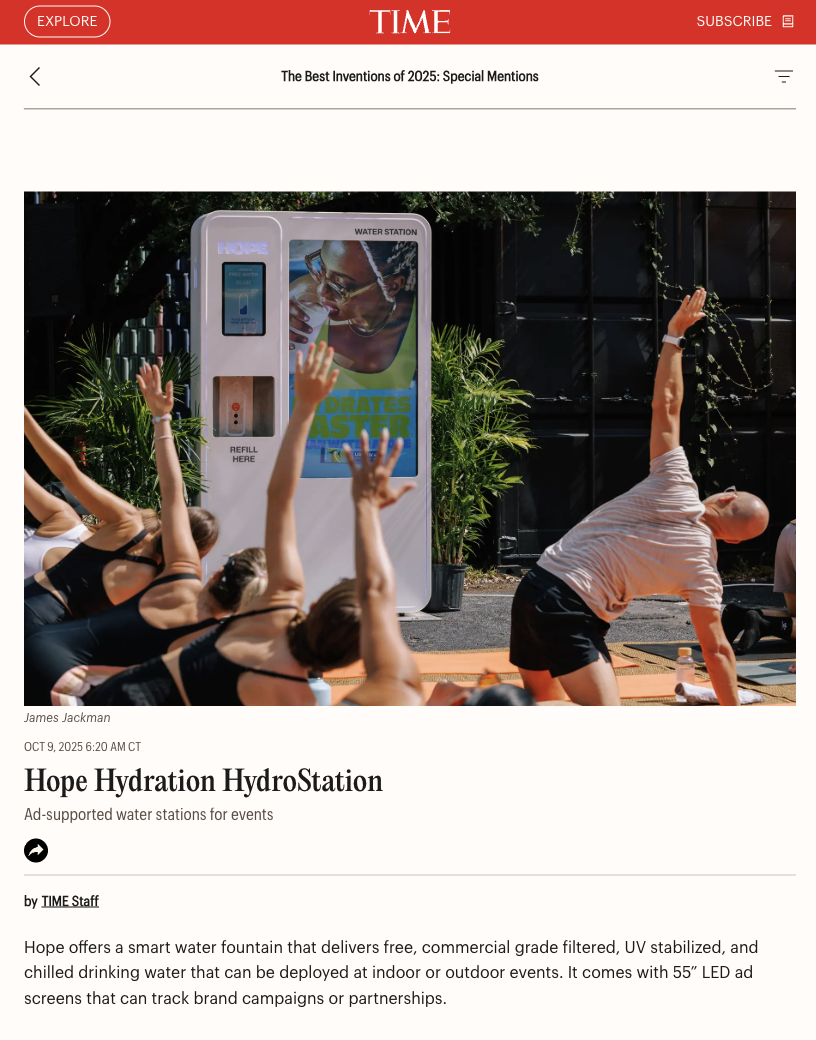 HOPE Hydration Named to TIME’s Best Inventions of 2025: Special Mentions