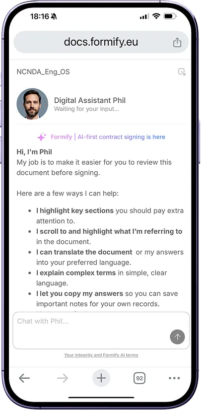 Mobile phone screen showing a digital assistant named Phil on docs.formify.eu explaining how he helps review and sign documents with features like highlighting, translating, and explaining terms.