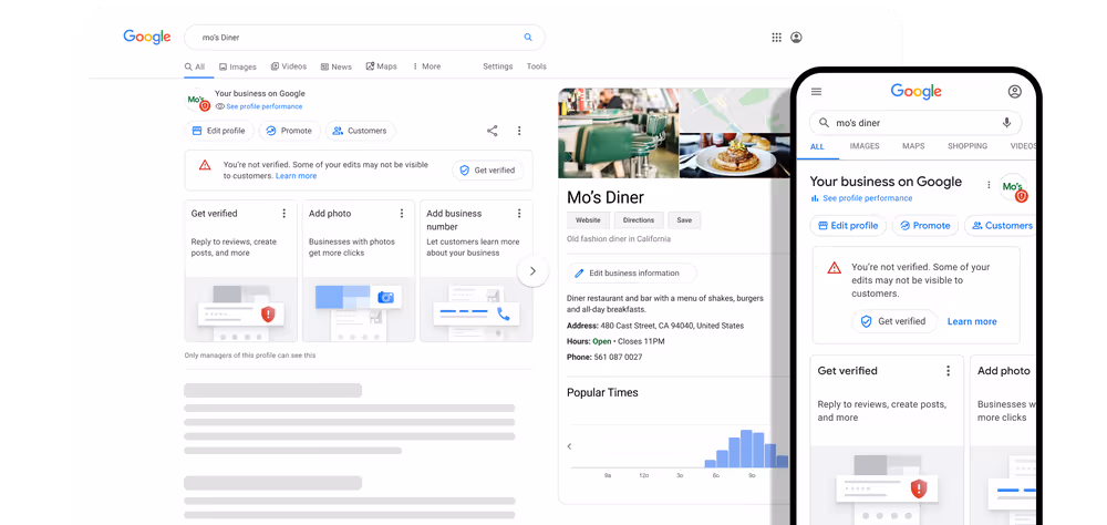 Google Business Profile interface displayed on a tablet and a smartphone.