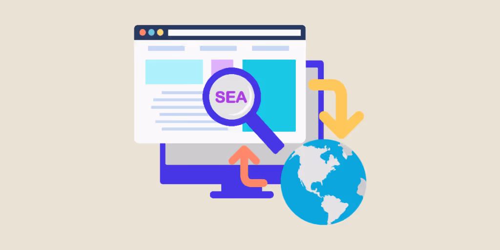 Illustration showing a computer screen with a magnifying glass labeled "SEA" (Search Engine Advertising), arrows indicating internet data exchange, and a globe symbolizing global digital reach.