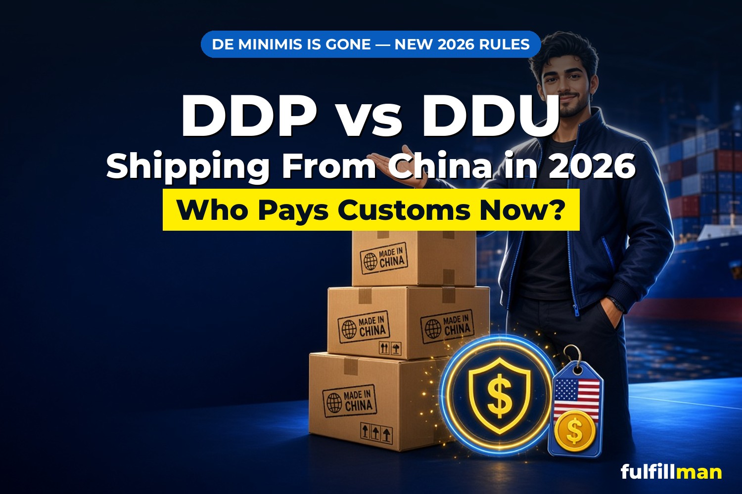 DDP vs DDU dropshipping from China 2026 cover with headline, a seller beside Made-in-China parcels and a US customs duty tag