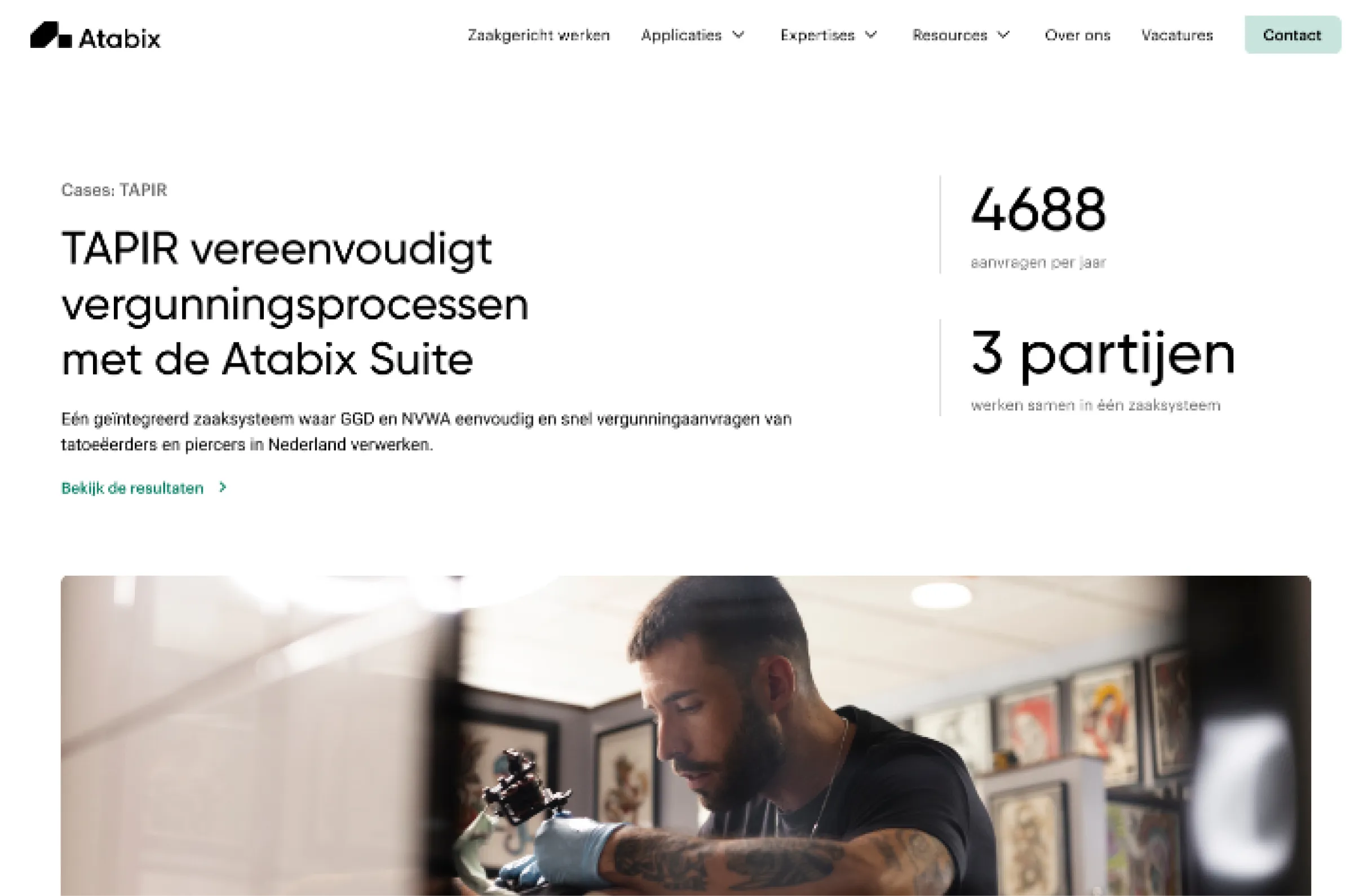 Een screenshot van de Tapir klant case pagina op de Atabix website.