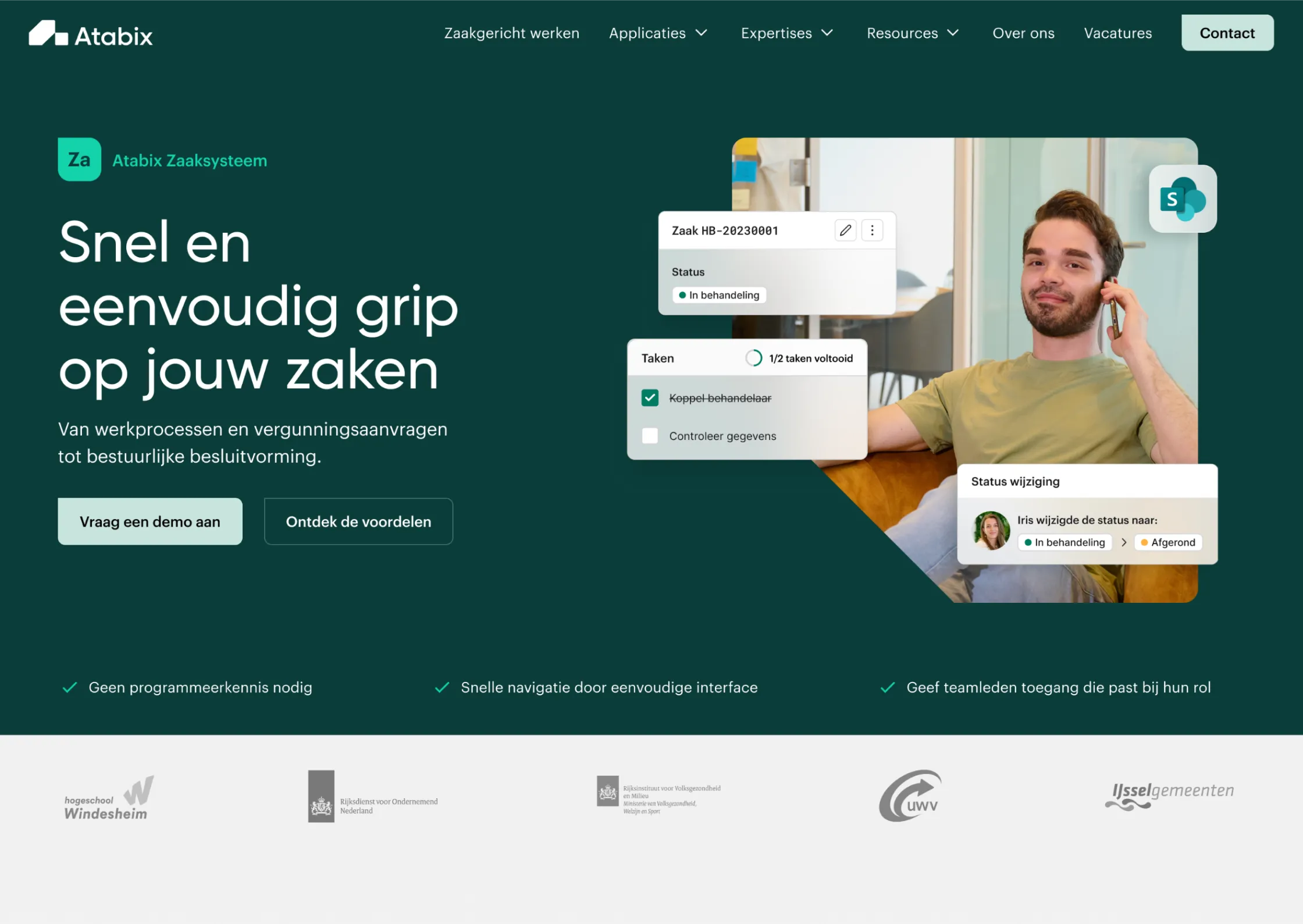 Een screenshot van de zaaksysteempagina.