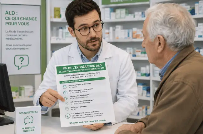 Pharmacien expliquant à un senior les médicaments concernés par la fin de l'exonération ALD