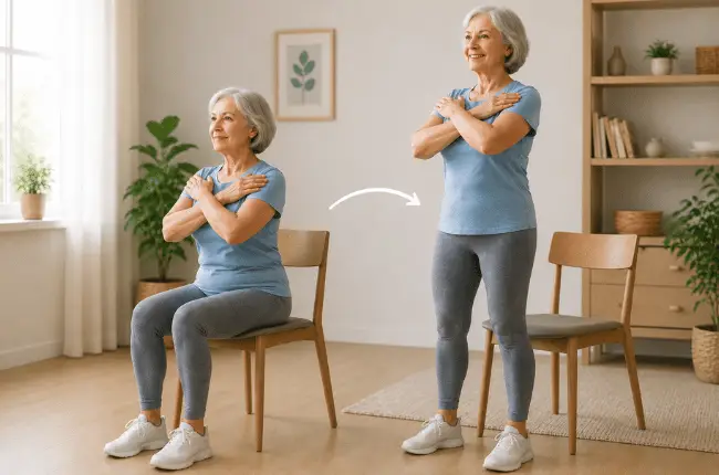 Senior pratiquant un exercice de renforcement musculaire sur chaise