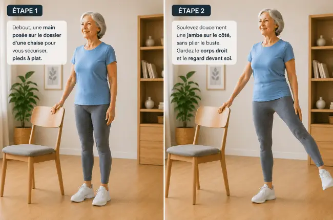 Senior debout en appui sur une chaise, effectuant un exercice d'équilibre jambe tendue
