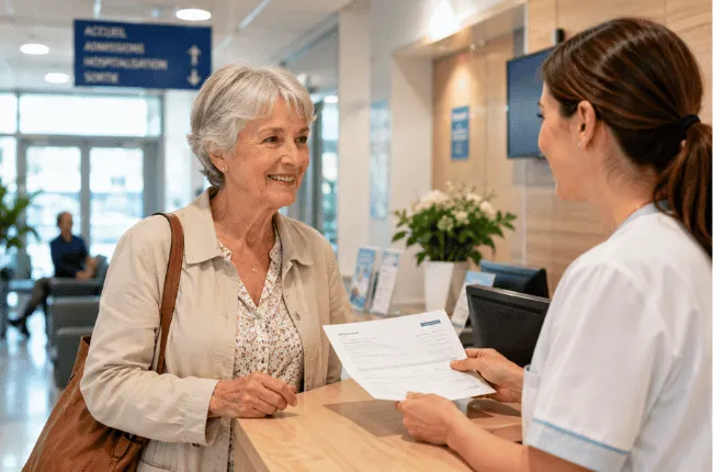 Femme senior échangeant avec une agente d’accueil à l’hôpital.