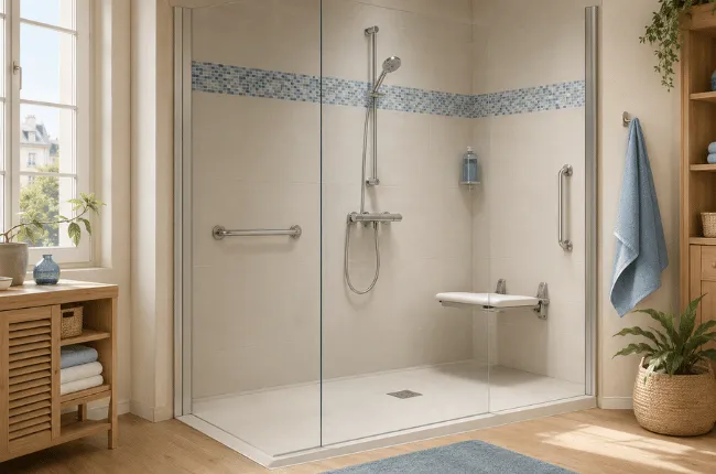 Douche sécurisée pour senior avec siège rabattable et barres d’appui
