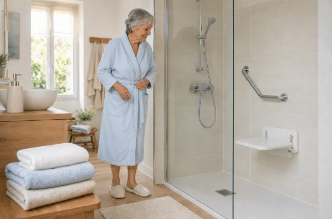 Femme senior préparant sa douche dans une salle de bain sécurisée