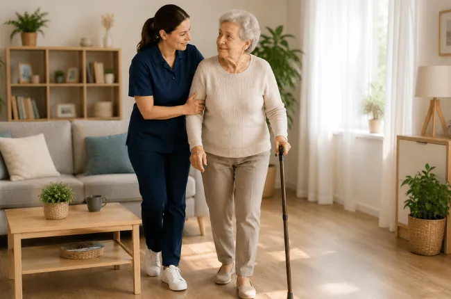 aide à domicile accompagnant une personne âgée