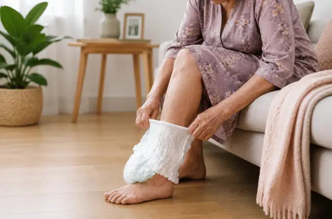 Femme senior en robe mettant une protection urinaire à domicile pour mieux gérer son incontinence au quotidien.