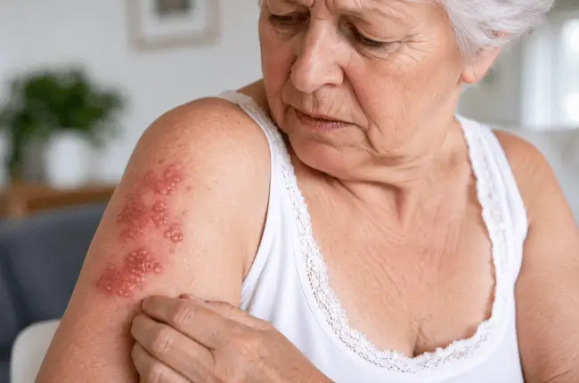 Éruption cutanée de zona chez une personne âgée, plaques rouges et vésicules sur la peau