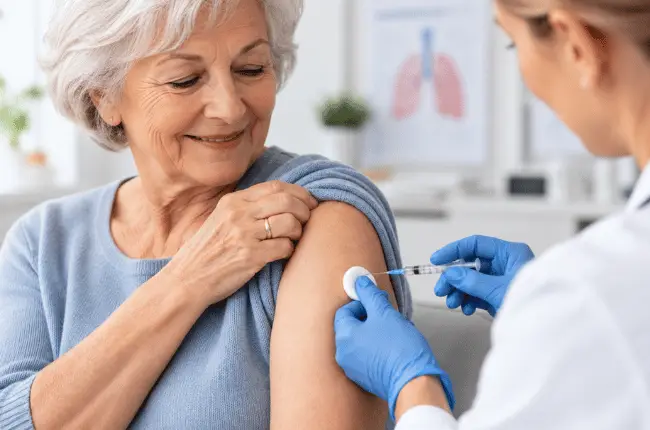 Senior recevant le vaccin contre le pneumocoque en pharmacie