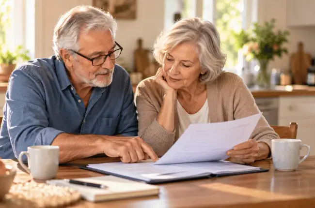 Couple de seniors vérifiant le délai de carence de leur contrat d’assurance obsèques