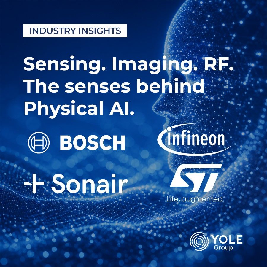Yole Group graphic: Sensing. Imaging. RF. The senses behind Physical AI, with Bosch, Infineon, Sonair and ST logos