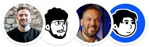 Carousel of four profile icons alternating between photos of two men and two black-and-white cartoon avatars on branded blue and white backgrounds.