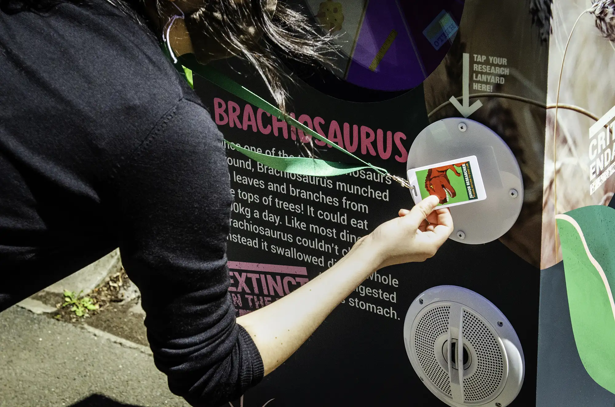 A zoo visitor scanning their Junior Researcher card against the booth. 