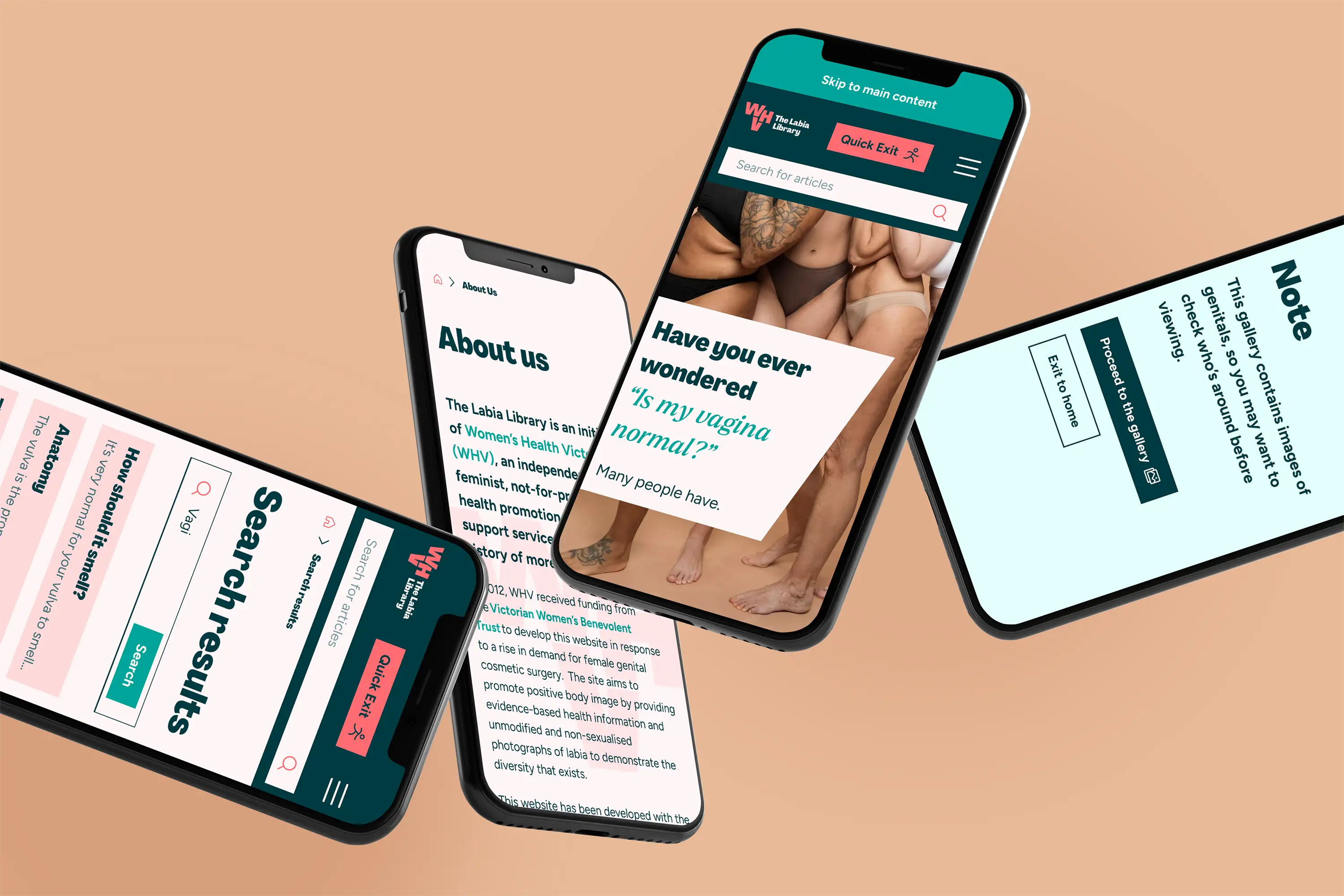 Series of four pages from The Labia Library: search results, about, homepage, and content warning.