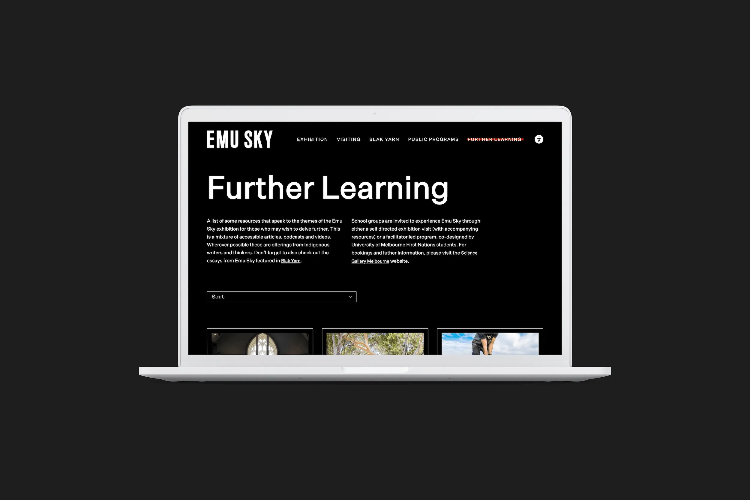 Emu Sky Further Learning page which houses resources to educate users on Indigenous culture, and flora and fauna.