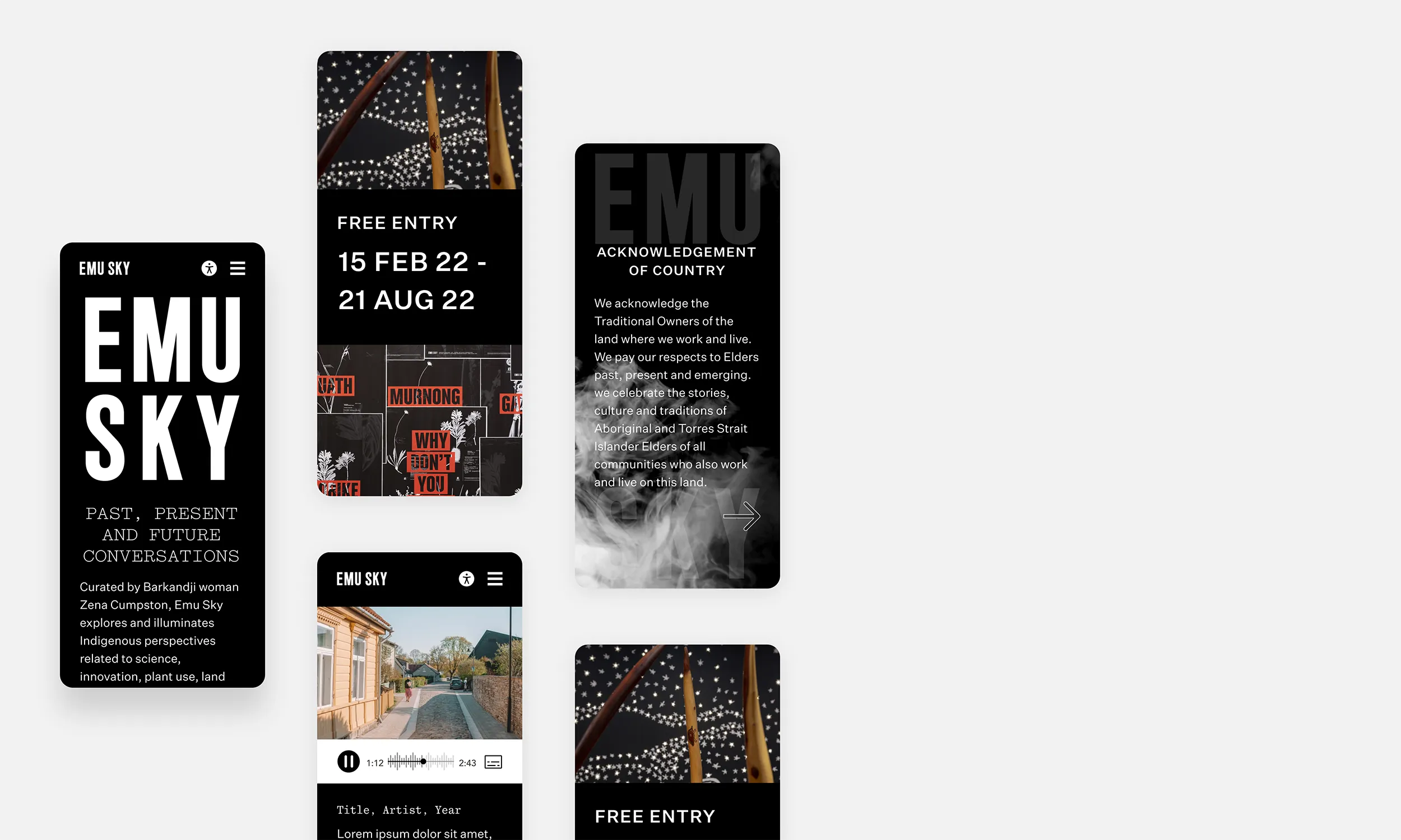 Mockup which shows 5 different screens for Emu Sky Website. Black and white design.   Screens shown: Home (multiple views), Acknowledgement of Country, and Artist Page. 