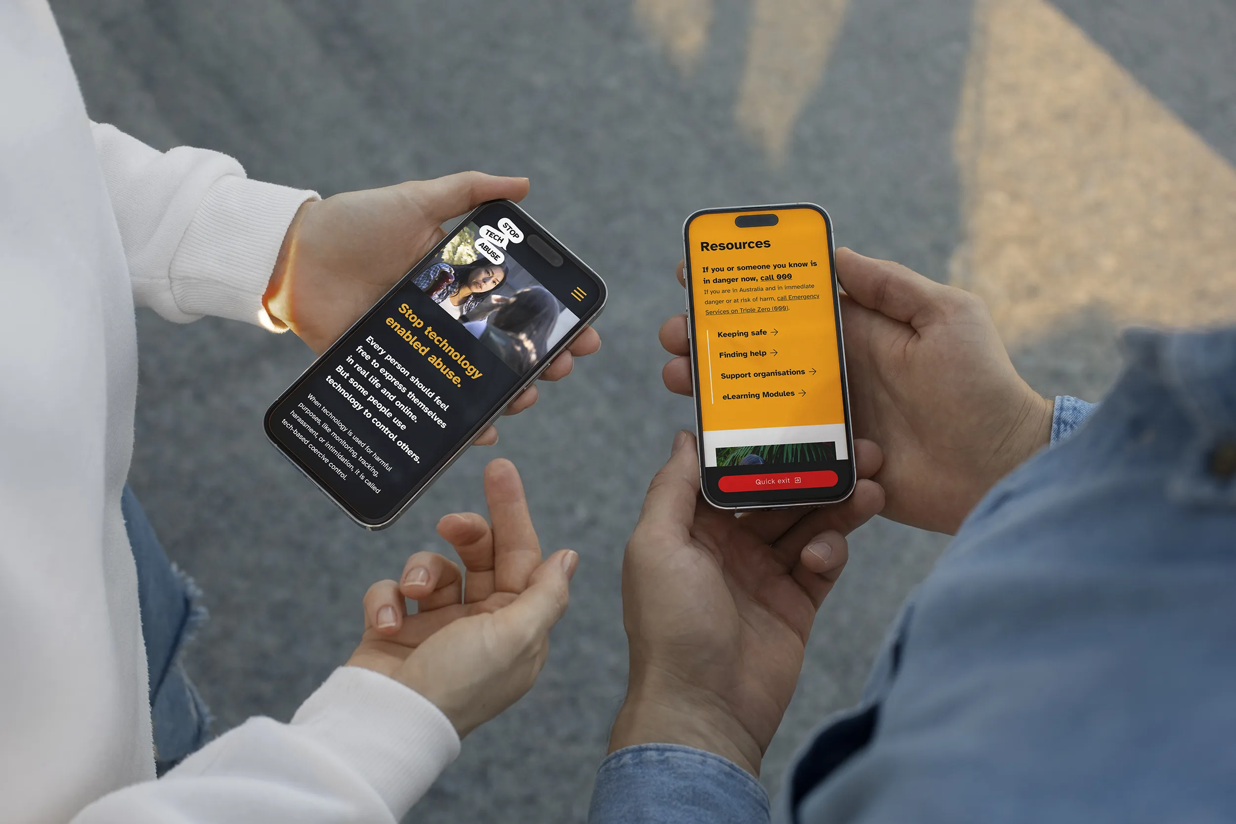 Two people holding phones, one phone with Stop Tech Abuse home page, the other an information page