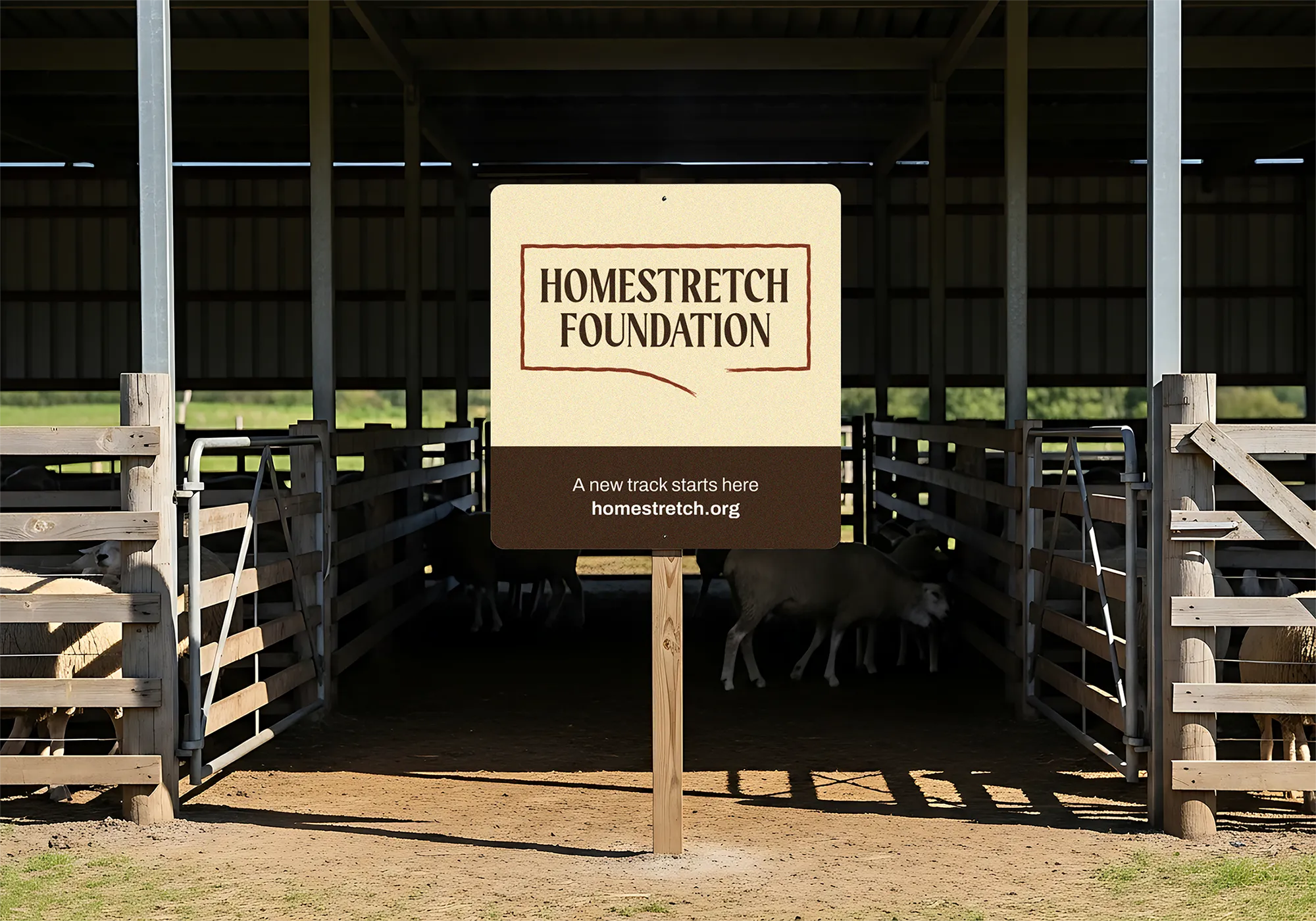 Sign for Homestretch Foundation in front of a barn, sheep in the background