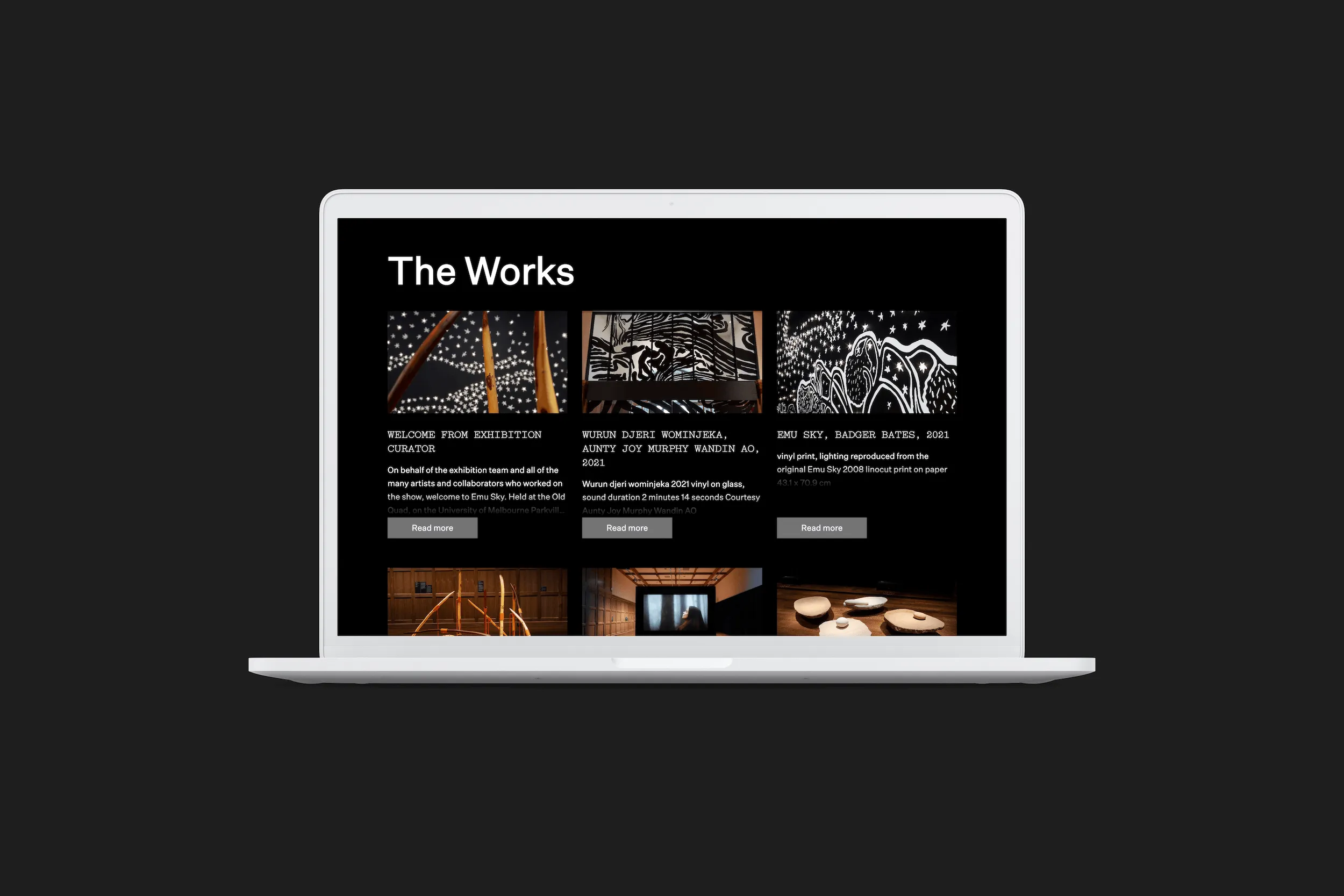 Mockup of The Works page for Emu Sky from 2021