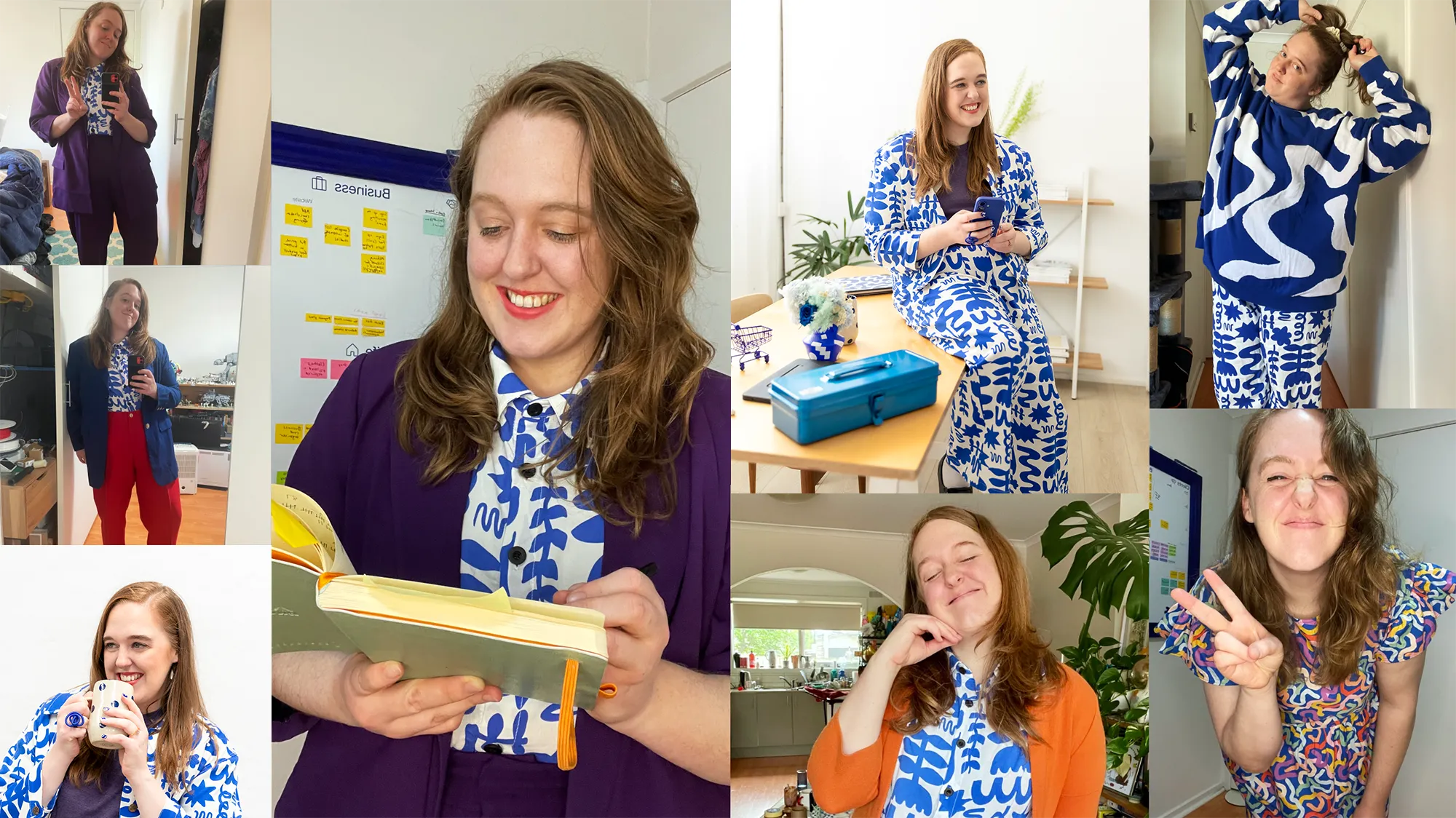 A collage of Shannon wearing a bunch of blue clothing.