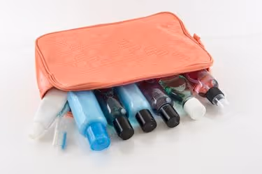 Bag filled with travel toiletries
