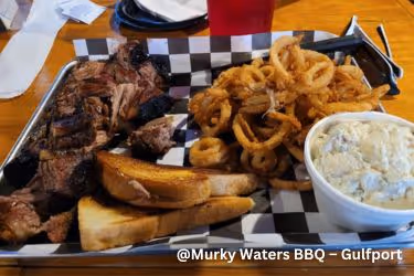 Murky Waters BBQ - Gulfport - Burnt ends with fried onions, toast and salad