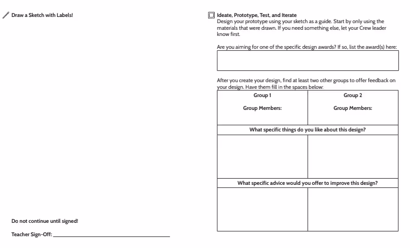Design worksheet with sections to draw a labeled sketch, list design awards, and gather feedback from two groups on likes and advice, with a teacher sign-off line.