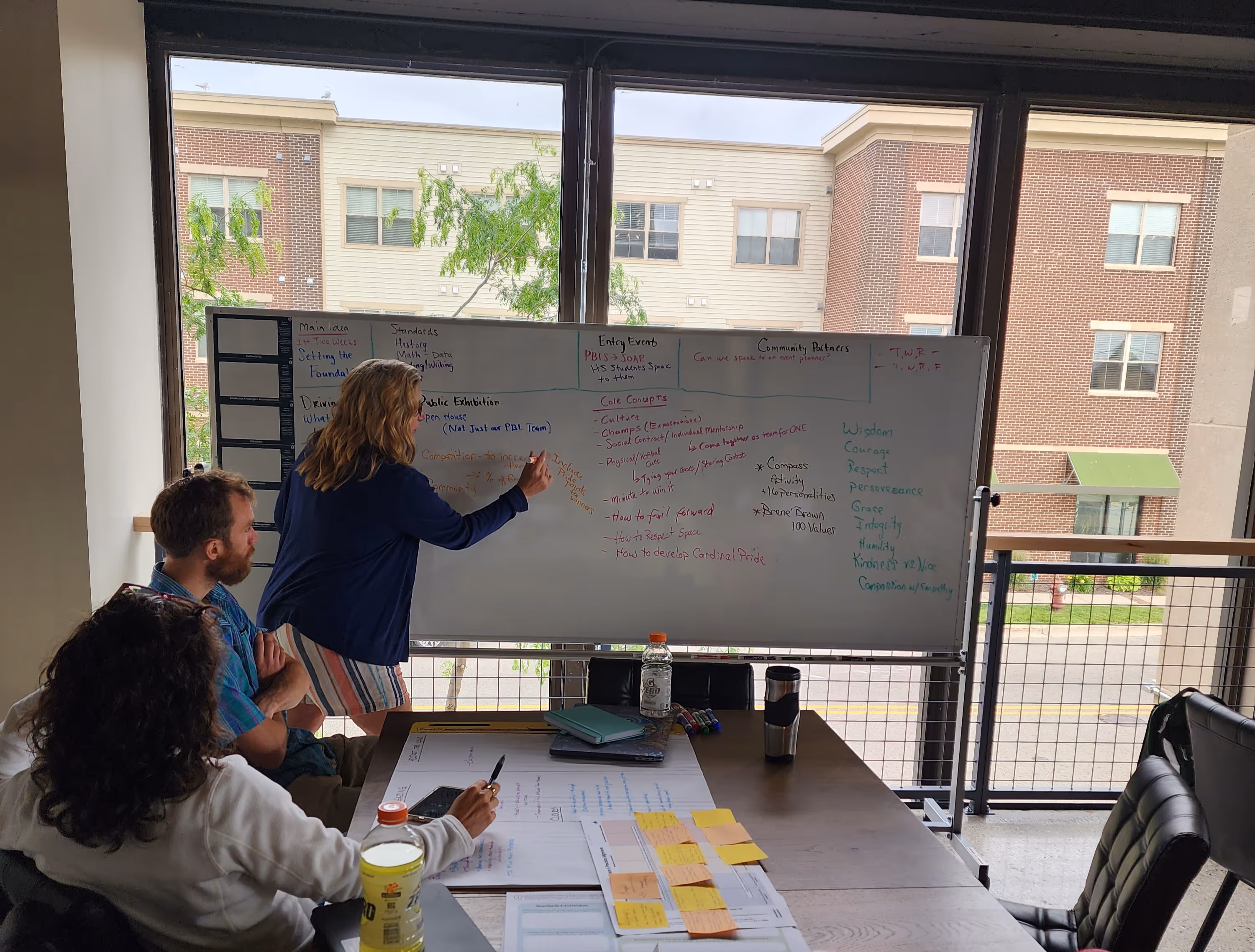 Three people in a meeting room, one woman writing on a whiteboard filled with colorful notes, while two others watch seated at a table with papers and drinks.