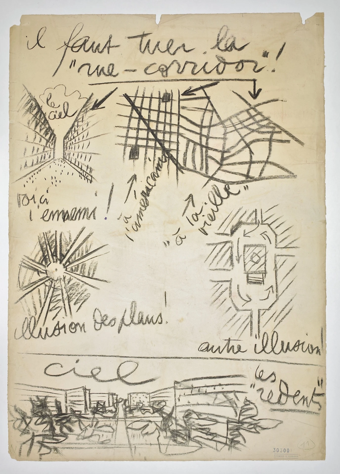 Konferenzzeichnung [ il faut tuer la «rue corridor»!] , 1929 Kohle auf Papier 99 × 77 cm Fondation Le Corbusier, Paris © 2025, FLC/ProLitteris, Zurich