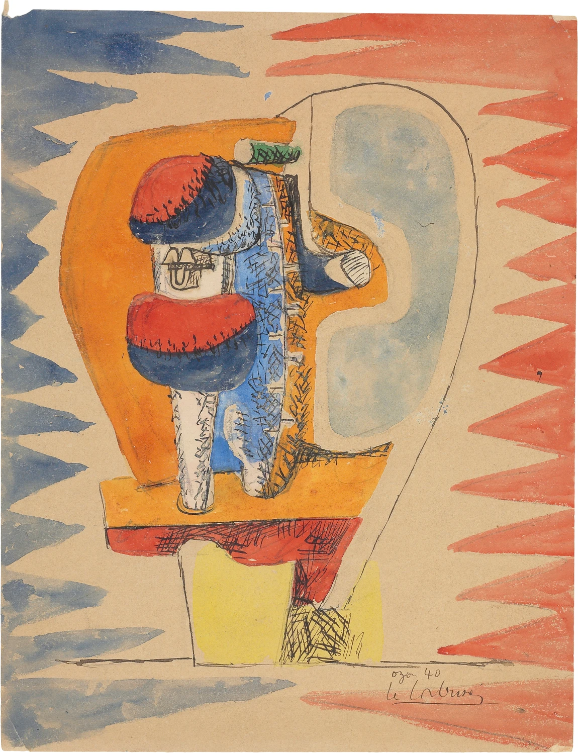 0. T. (Studie zur Serie «Ozon 40», 1940 Grafitstift, Tinte und Gouache auf Papier 27 × 21 cm Fondation Le Corbusier, Paris © 2025, FLC/ProLitteris, Zurich
