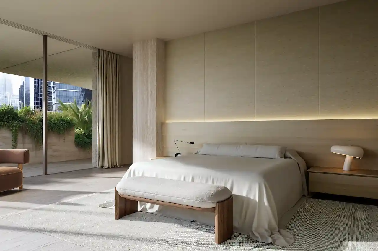 Weyday: Gebäude von Kengo Kuma in Dubai. Hier eines der Schlafzimmer in hellen Farben