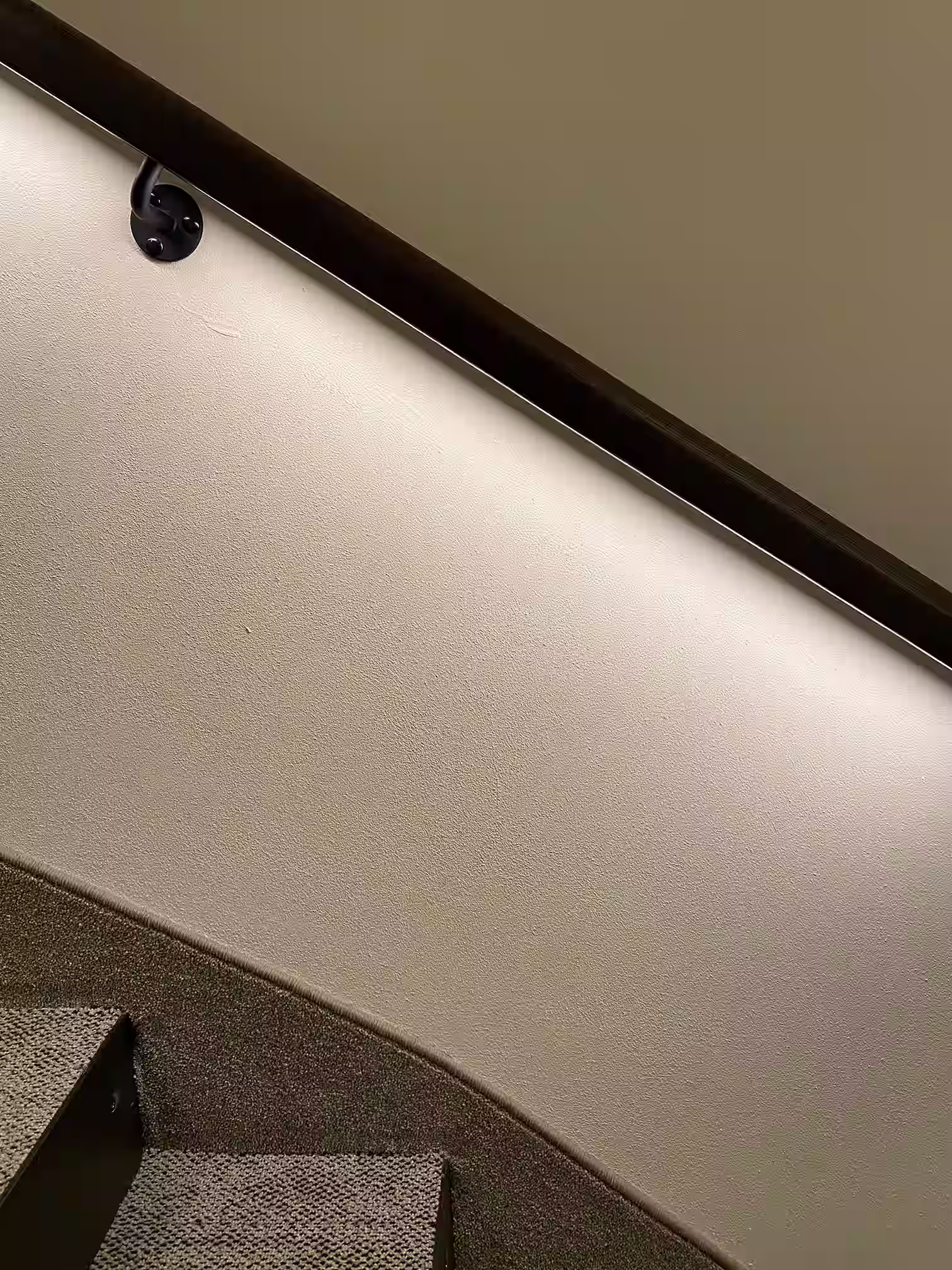 DAS PARADIES – Schwarzer Stahlhandlauf an einer Treppe mit Teppichstufen